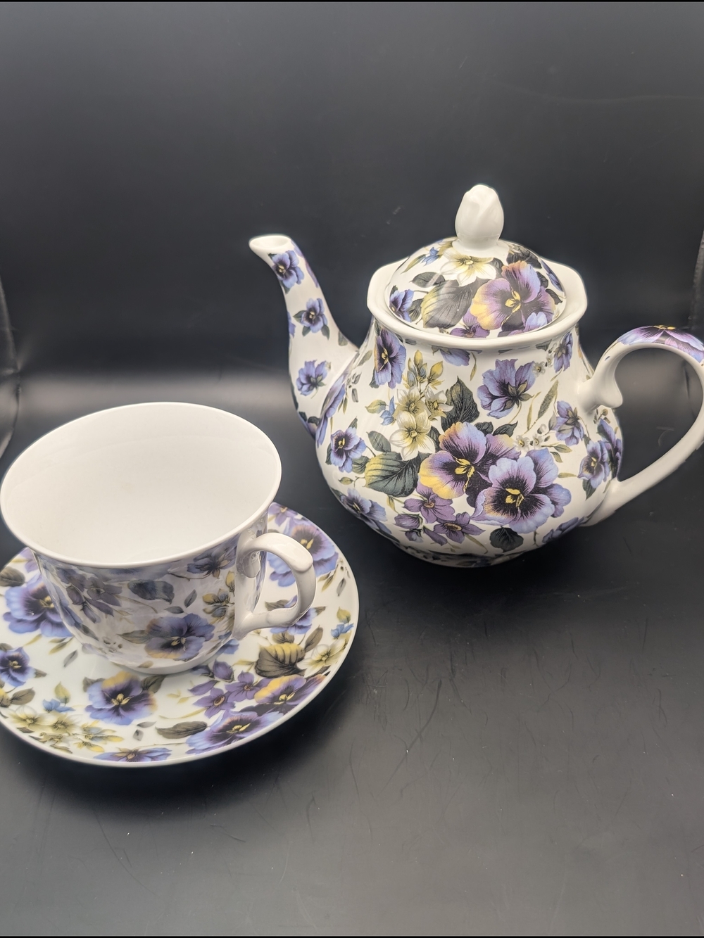 Porcelain Teapot and Cup Set with Purple Floral Pansy Pattern